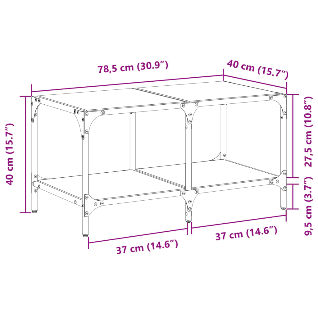 vidaXL sofabord med transparent glastop 78,5x40x40 cm stål