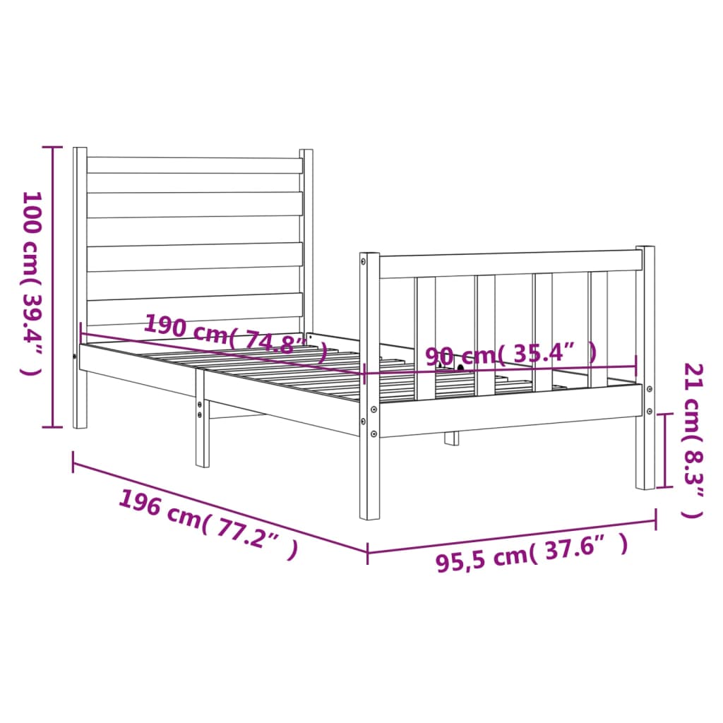 vidaXL sengeramme med sengegavl 90x190 cm massivt træ hvid