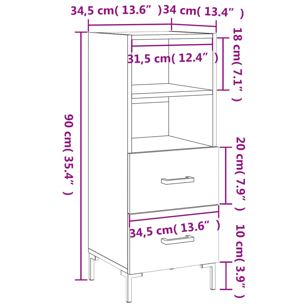 vidaXL skænk 34,5x34x90 cm konstrueret træ sonoma-eg