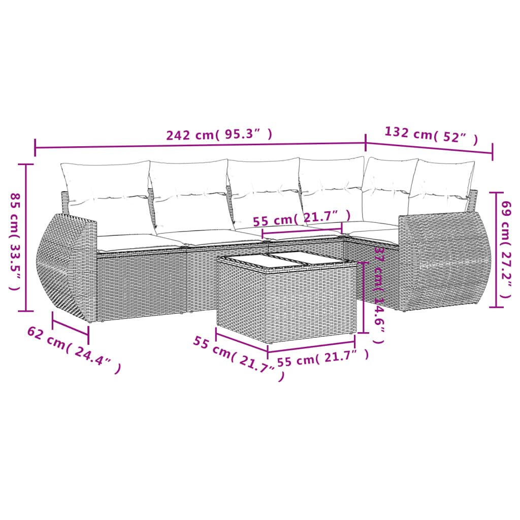 vidaXL sofasæt til haven 6 dele med hynder polyrattan sort