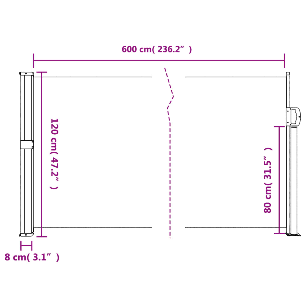 vidaXL sammenrullelig sidemarkise 120 x 600 cm red