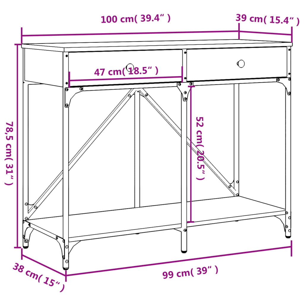 vidaXL konsolbord 100x39x78,5 cm konstrueret træ brun egetræsfarve