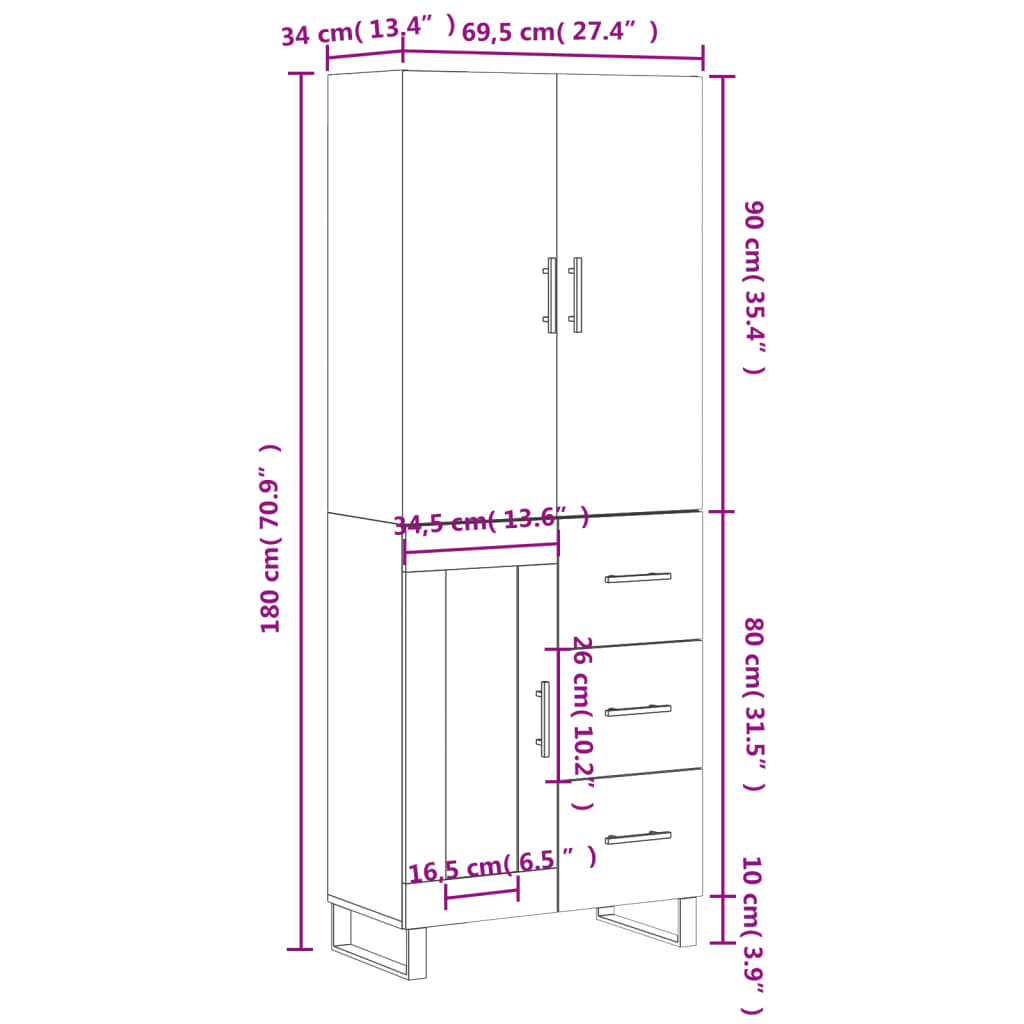 vidaXL højskab 69,5x34x180 cm konstrueret træ betongrå