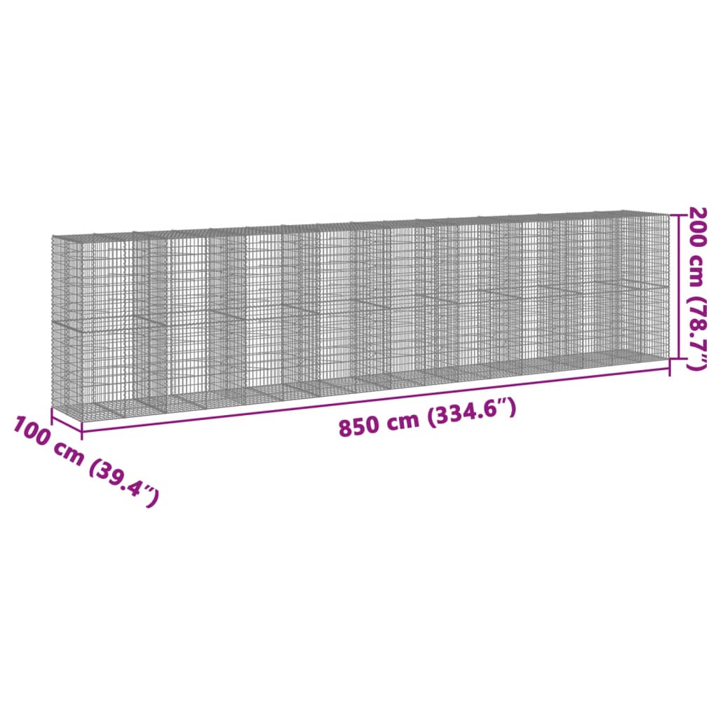 vidaXL gabionkurv med cover 850x100x200 cm galvaniseret jern