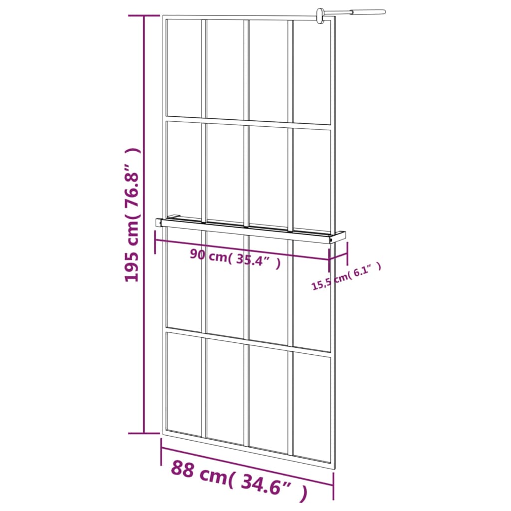 vidaXL brusevæg med hylde 90x195 cm sikkerhedsglas og aluminium sort