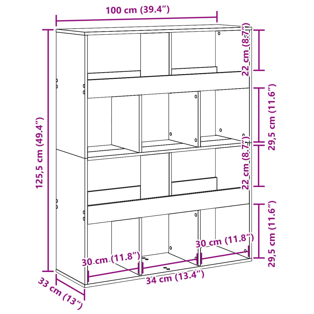 vidaXL bogreol 100x33x125,5 cm konstrueret træ kunsteg