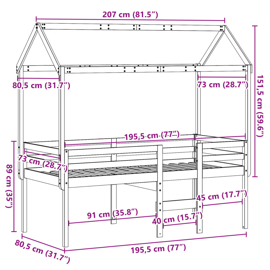 vidaXL højseng med tag 75x190 cm massivt fyrretræ gyldenbrun