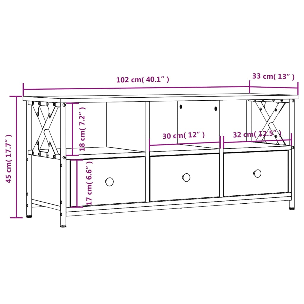 vidaXL tv-bord 102x33x45 cm konstrueret træ og jern brun egetræsfarve