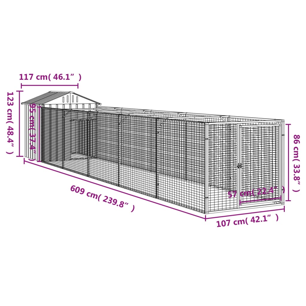 vidaXL hundehus med tag 117x609x123 cm galvaniseret stål lysegrå