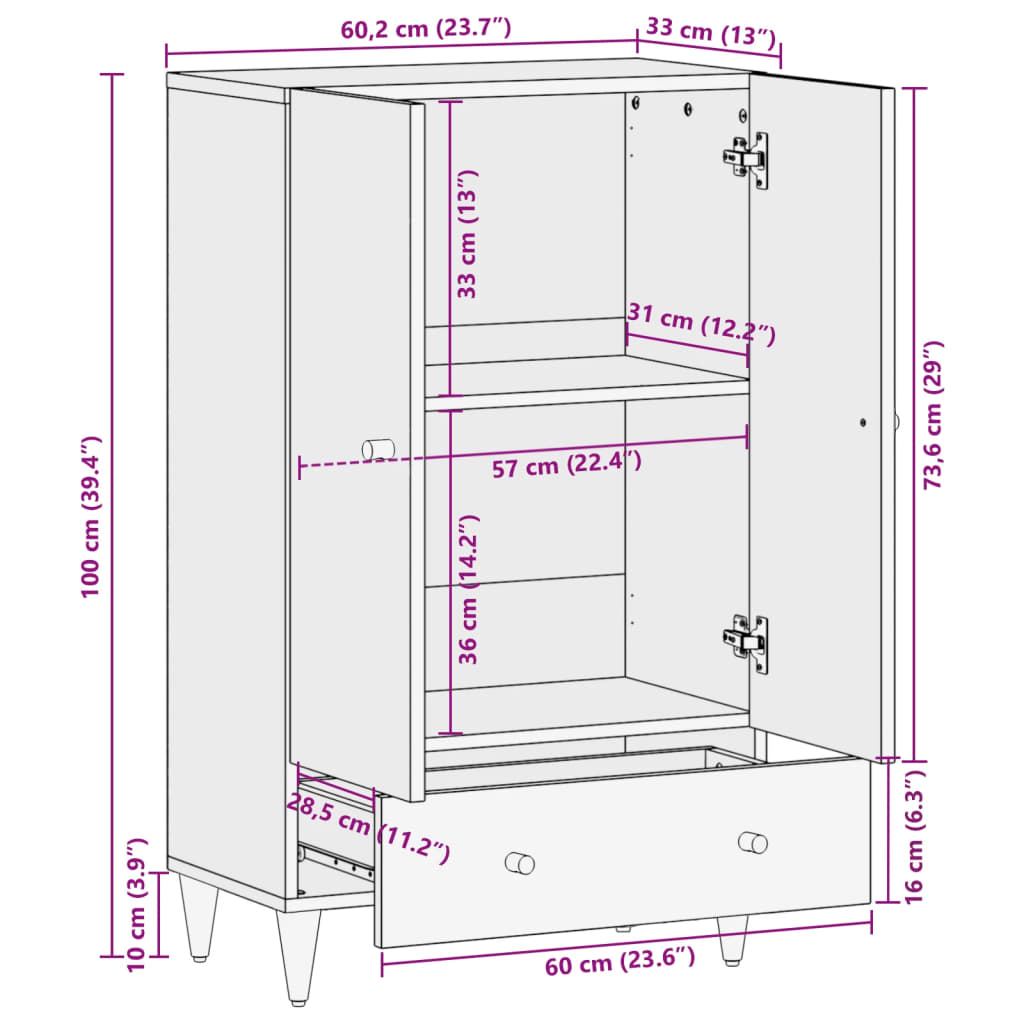 vidaXL skab 60x33x100 cm massivt mangotræ