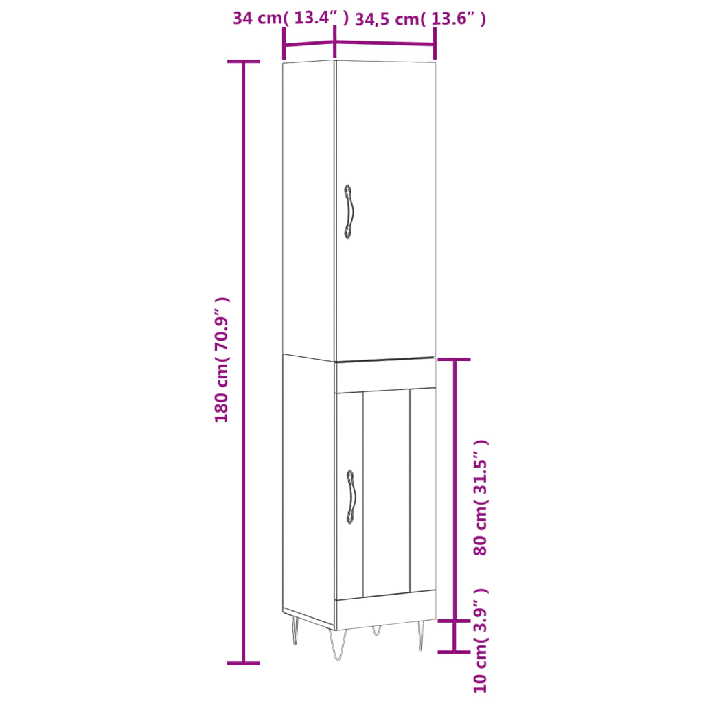 vidaXL skab 34,5x34x180 cm konstrueret træ hvid