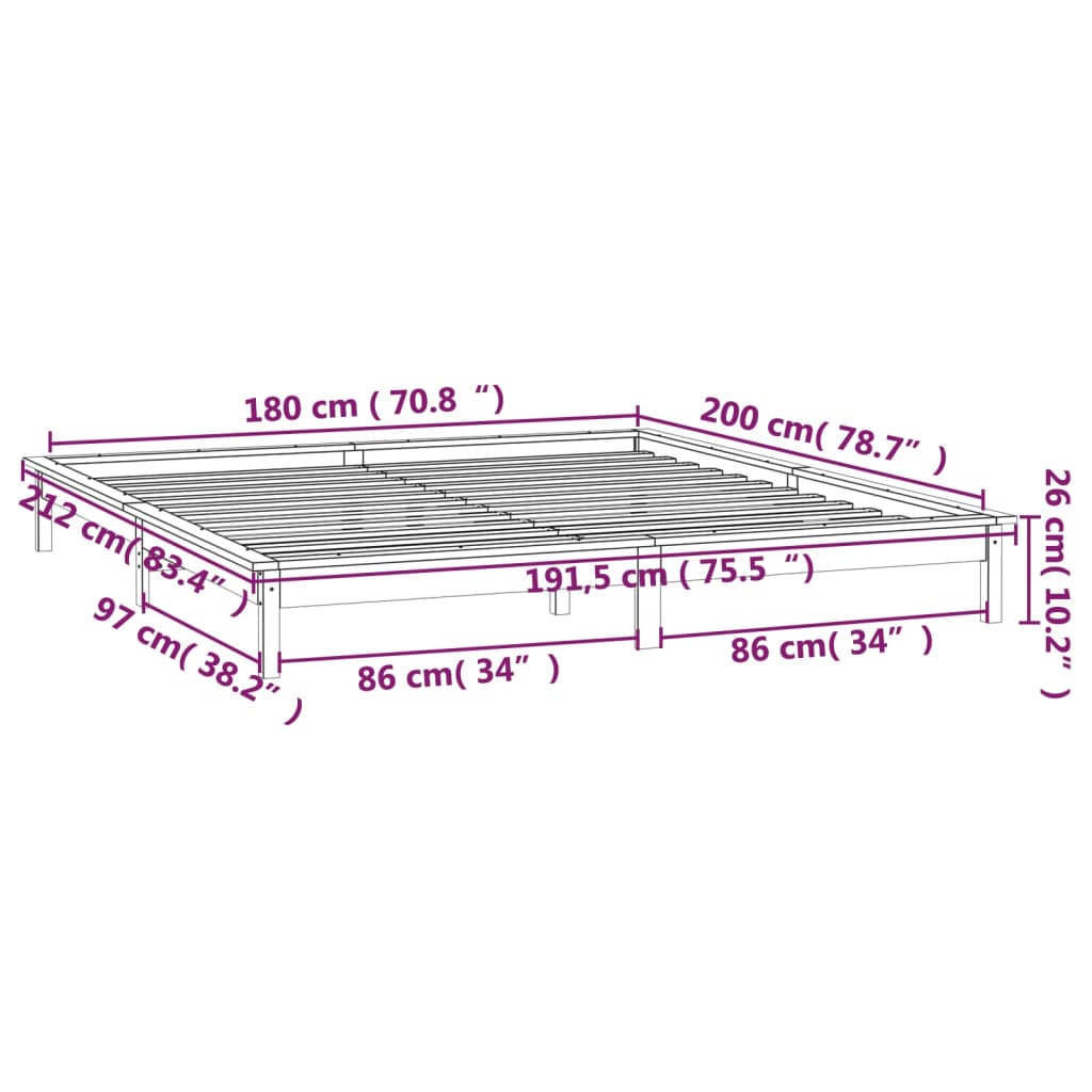 vidaXL sengeramme med LED 180x200 cm super kingsize massivt træ grå