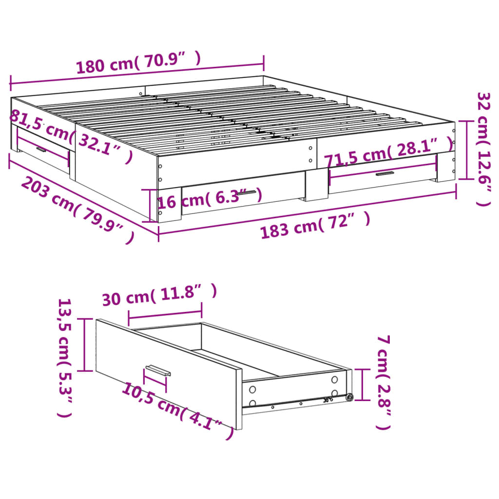 vidaXL sengeramme med skuffer 180x200 cm konstrueret træ brunt eg