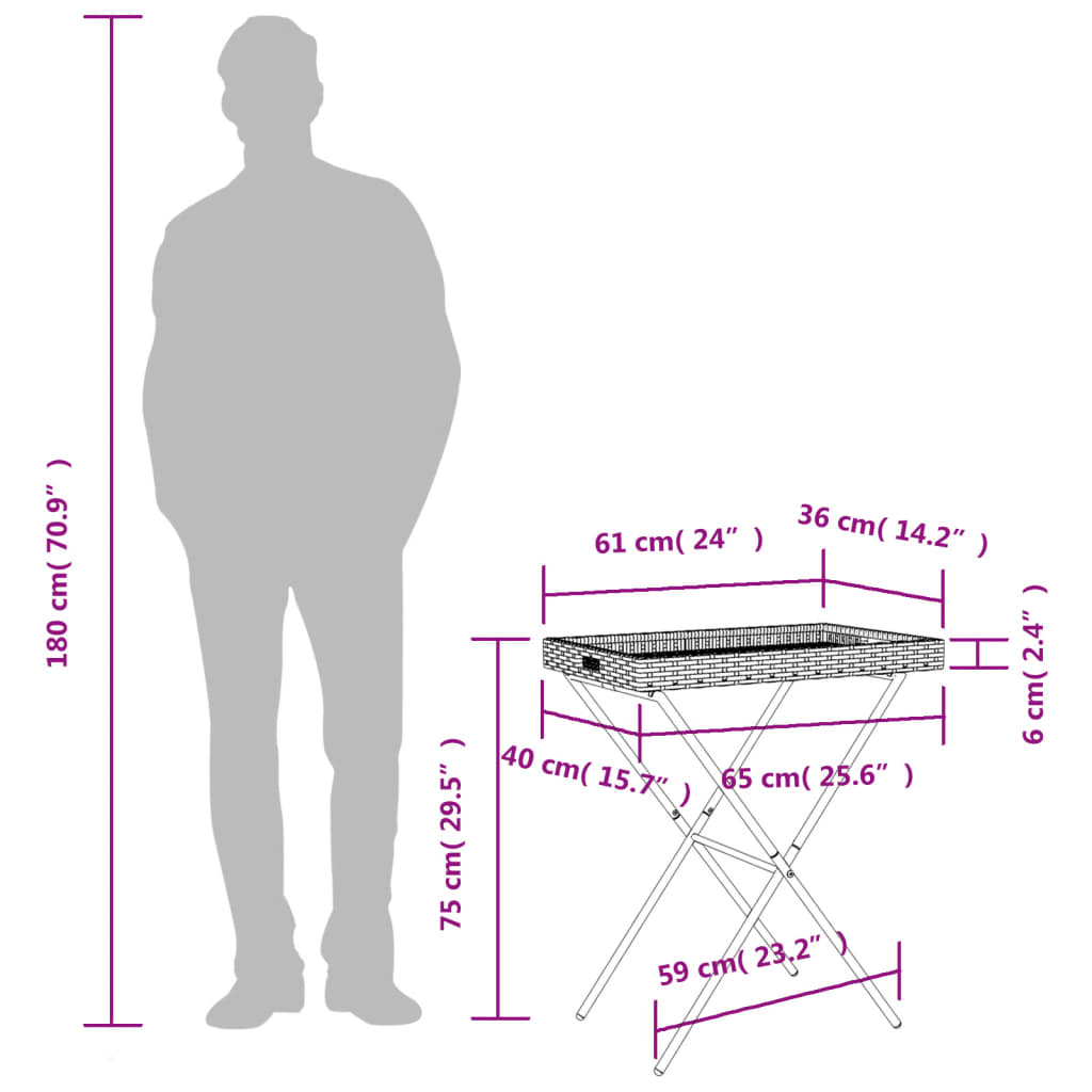 vidaXL bakkebord 65x40x75 cm polyrattan sort