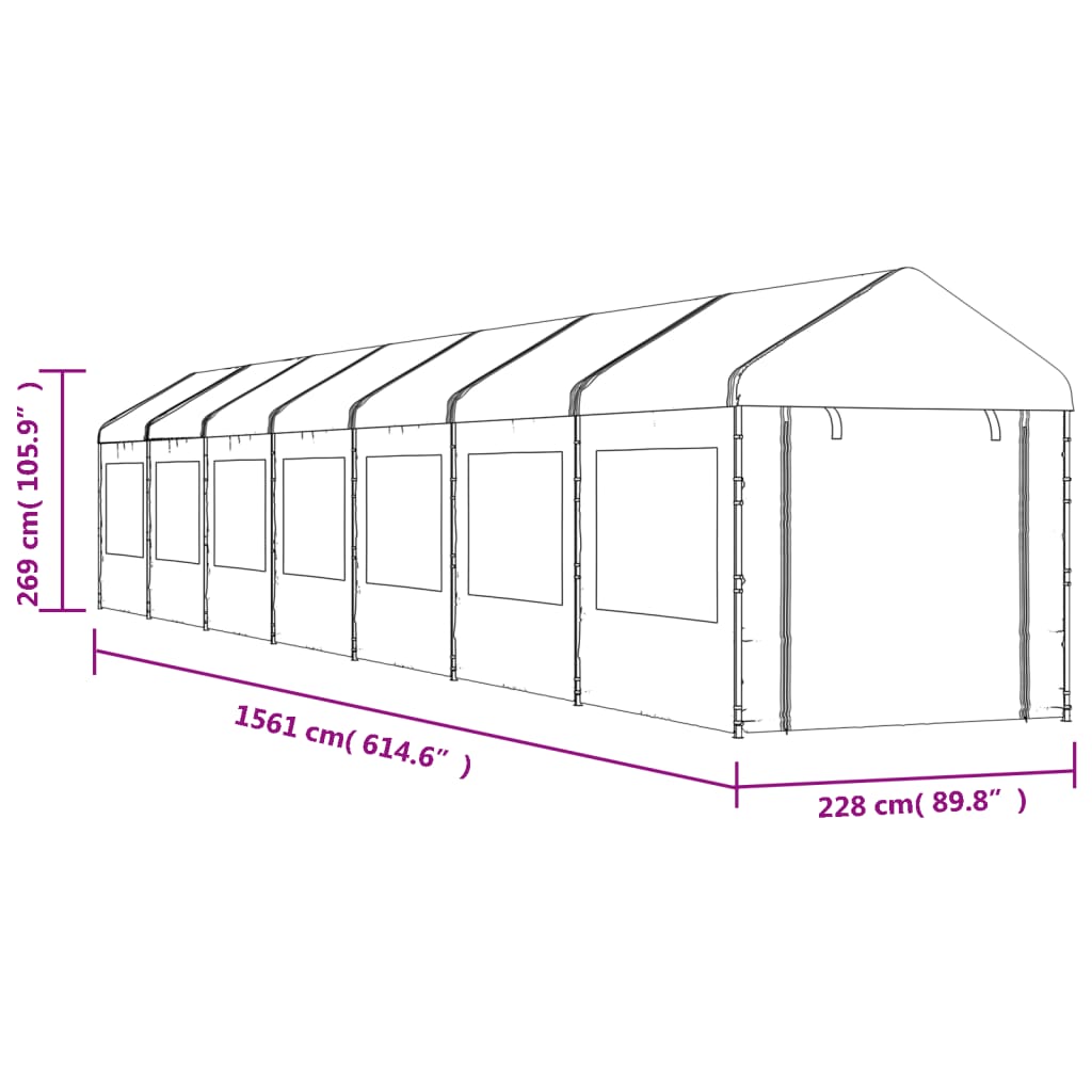 vidaXL pavillon med tag 15,61x2,28x2,69 m polyethylen hvid