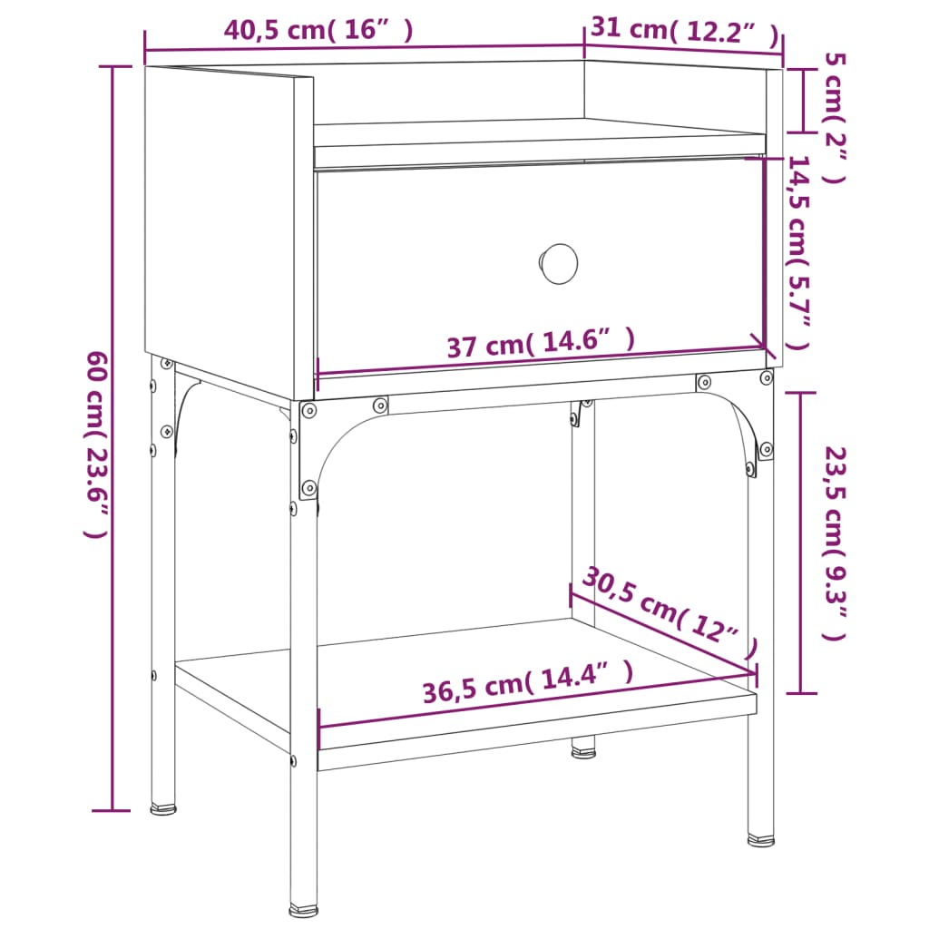 vidaXL sengebord 40,5x31x60 cm konstrueret træ grå sonoma-eg