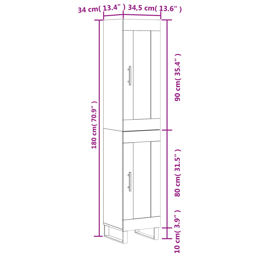 vidaXL højskab 34,5x34x180 cm konstrueret træ grå sonoma-eg