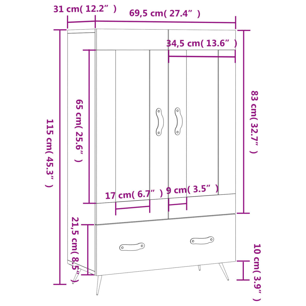 vidaXL skab 69,5x31x115 cm konstrueret træ sonoma-eg