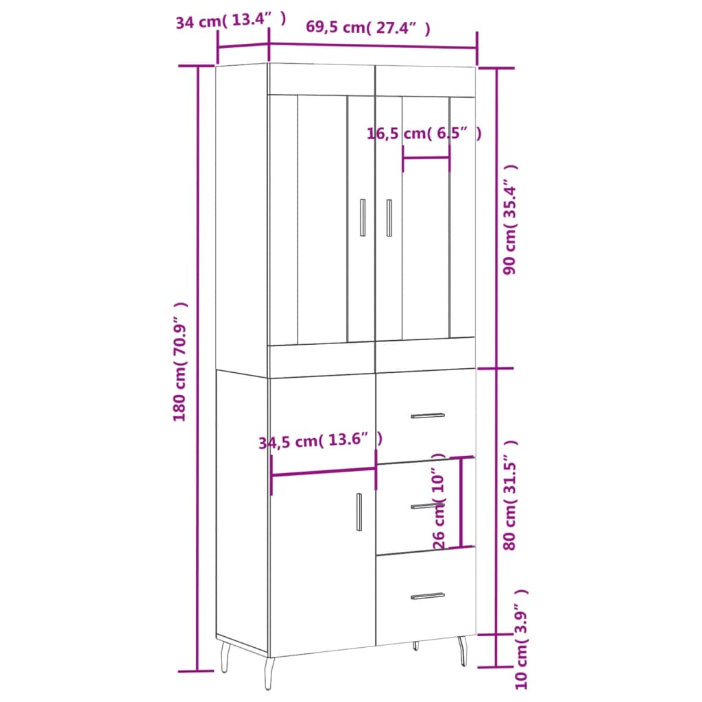 vidaXL højskab 69,5x34x180 cm konstrueret træ sort