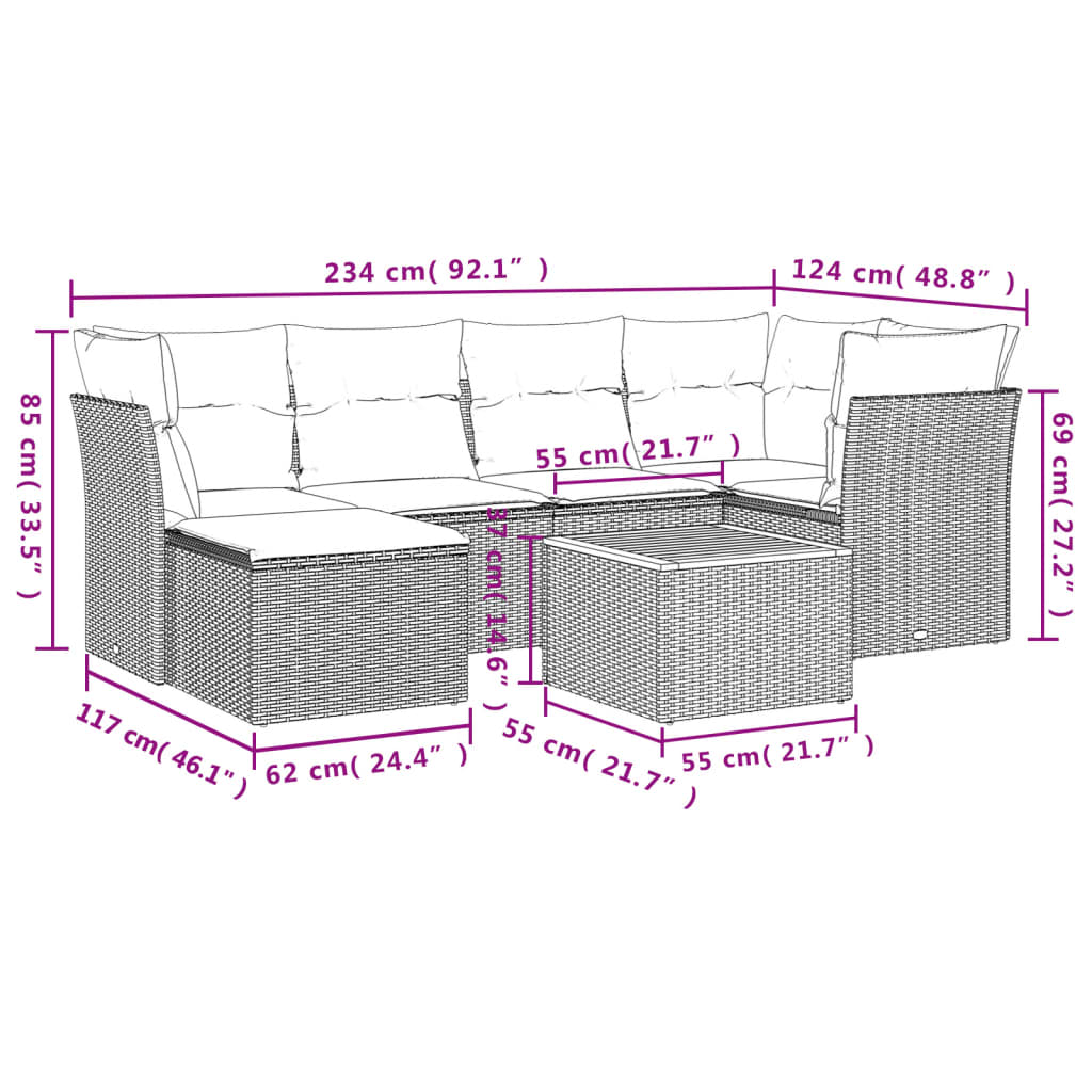 vidaXL sofasæt til haven 7 dele med hynder polyrattan sort