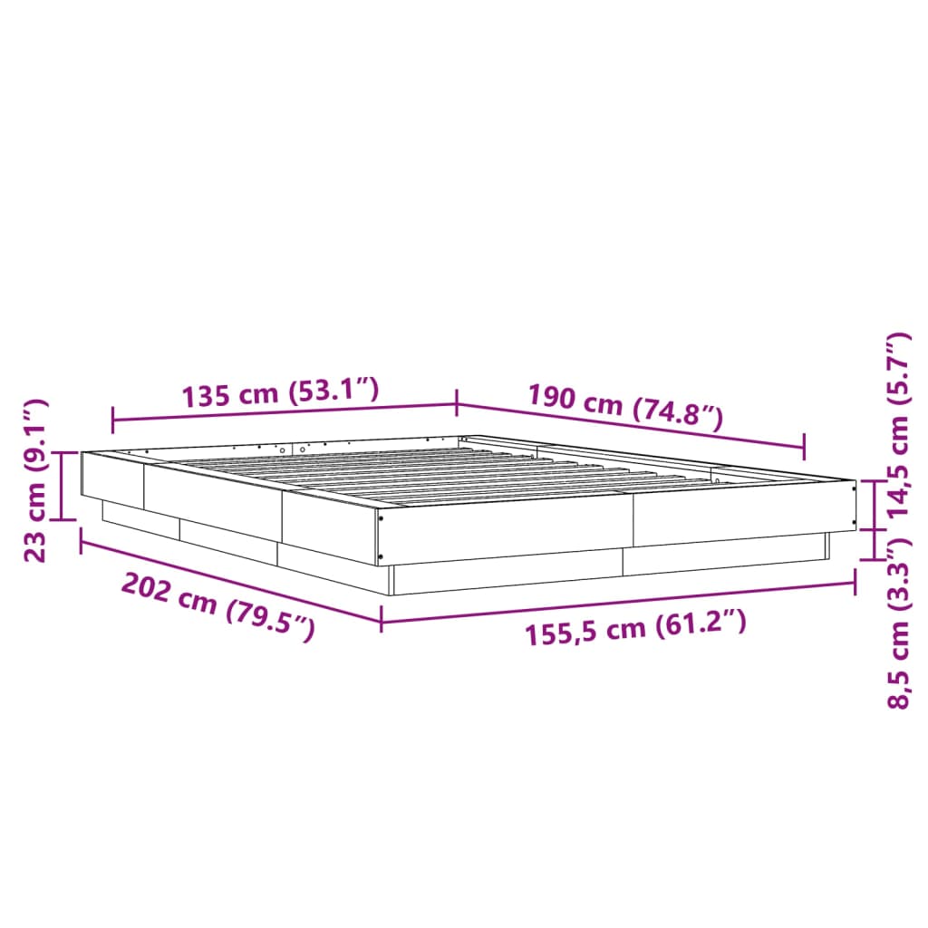 vidaXL sengeramme med LED-lys 135x190 cm konstrueret træ hvid højglans