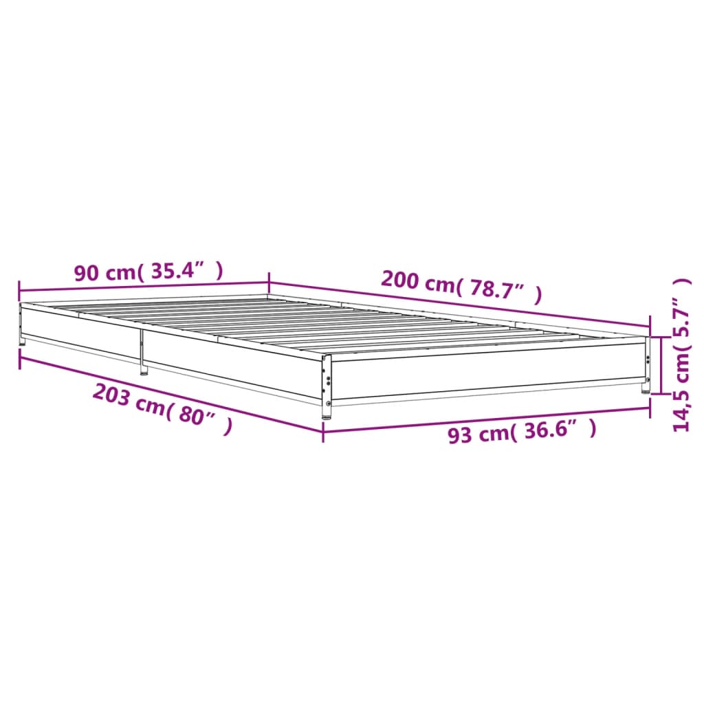 vidaXL sengeramme 90x200 cm konstrueret træ og metal sonoma-eg