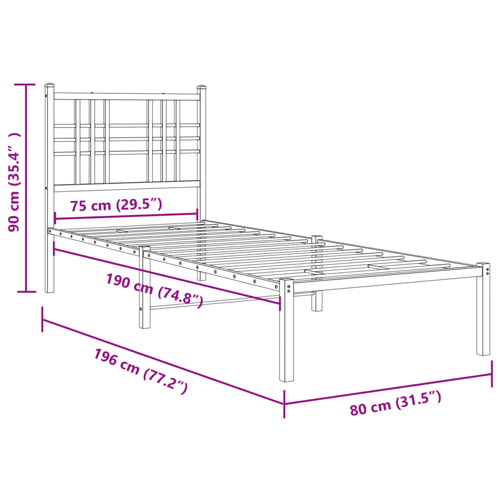 vidaXL sengeramme med sengegavl og fodgærde 75x190 cm metal sort