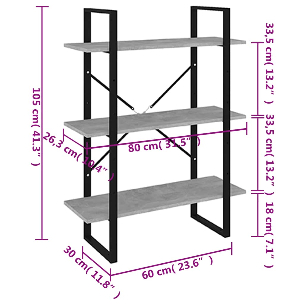 vidaXL bogreol 80x30x105 cm konstrueret træ betongrå