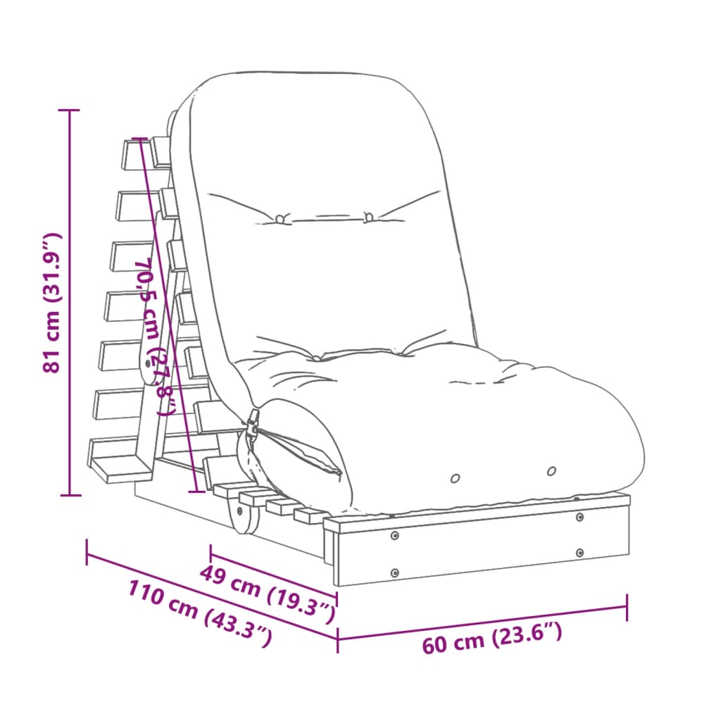 vidaXL futon med madras 60x206x11 cm massivt fyrretræ gyldenbrun