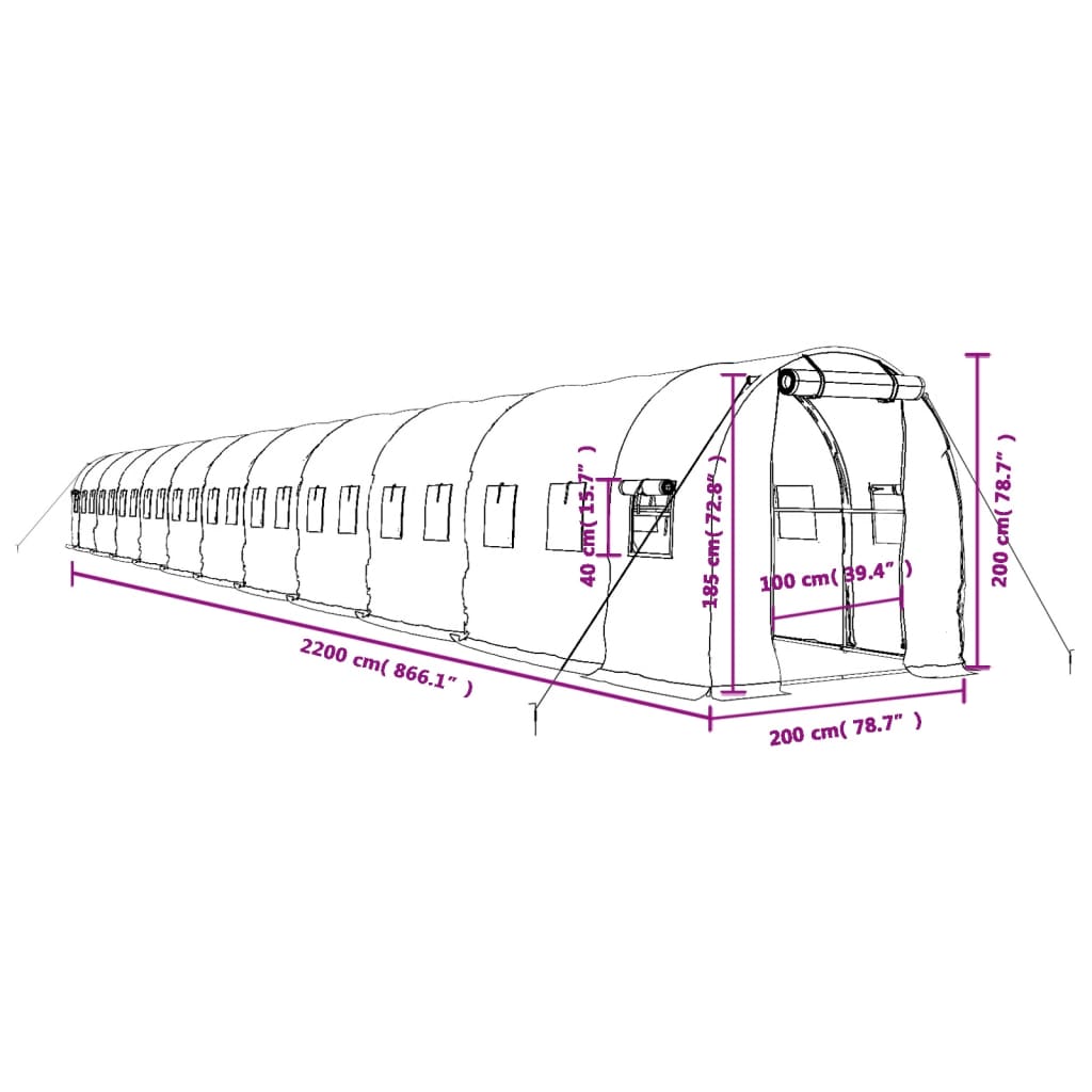 vidaXL drivhus med stålstel 44 m² 22x2x2 m grøn