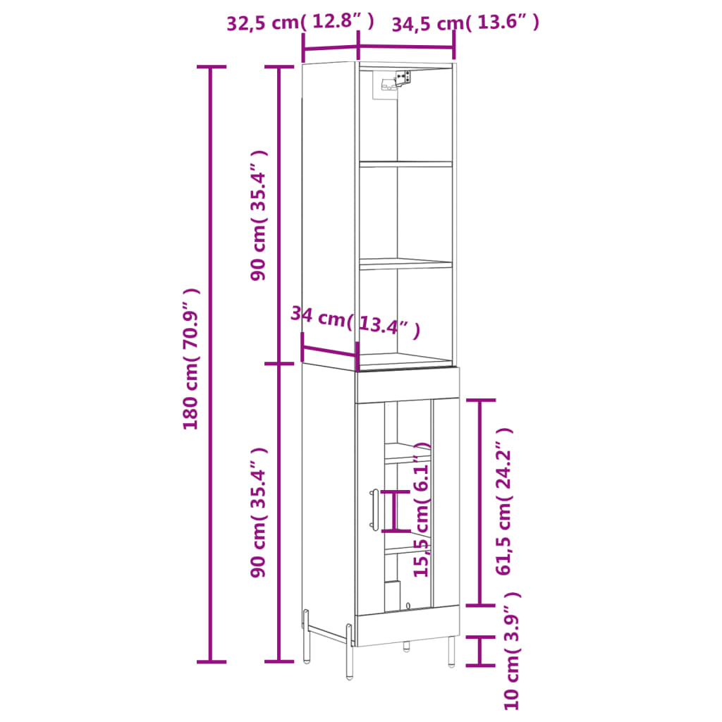 vidaXL skab 34,5x34x180 cm konstrueret træ hvid højglans