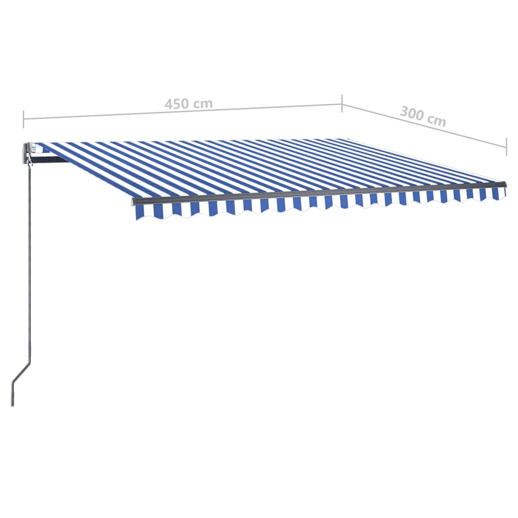 vidaXL markise m. LED + vindsensor 450x300 cm automatisk blå og hvid