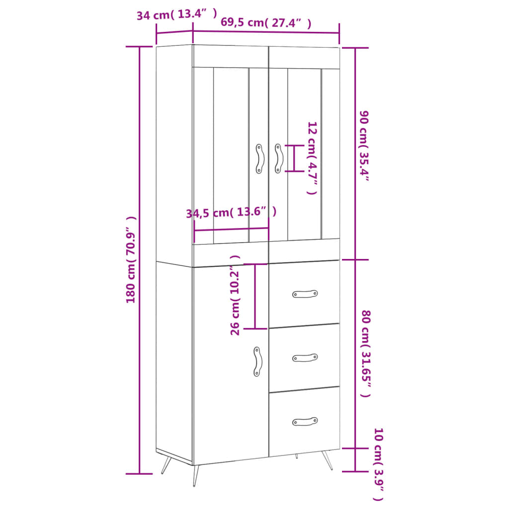 vidaXL højskab 69,5x34x180 cm konstrueret træ sort