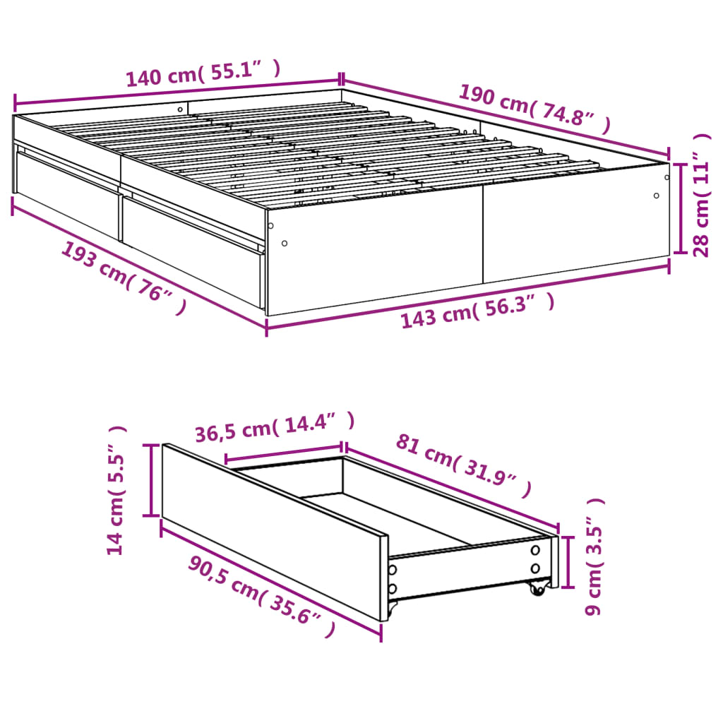 vidaXL sengeramme med skuffer 140x190 cm konstrueret træ røget eg