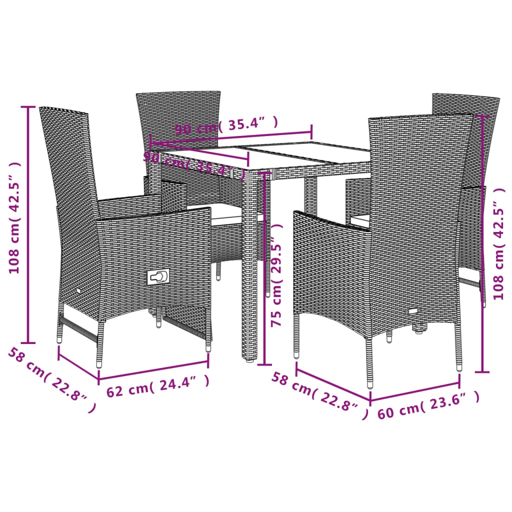 vidaXL spisebordssæt til haven 5 dele med hynder polyrattan beige