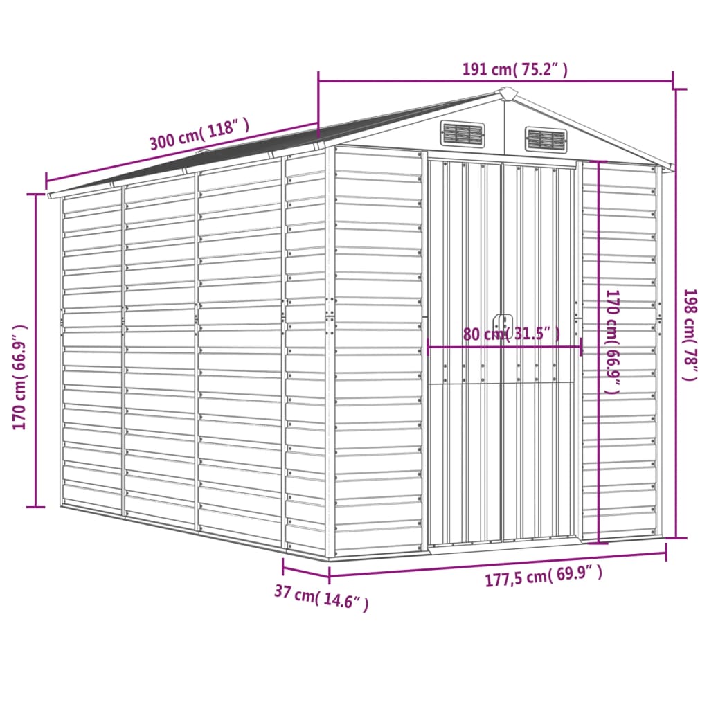 vidaXL haveskur 191x300x198 cm galvaniseret stål lysegrå