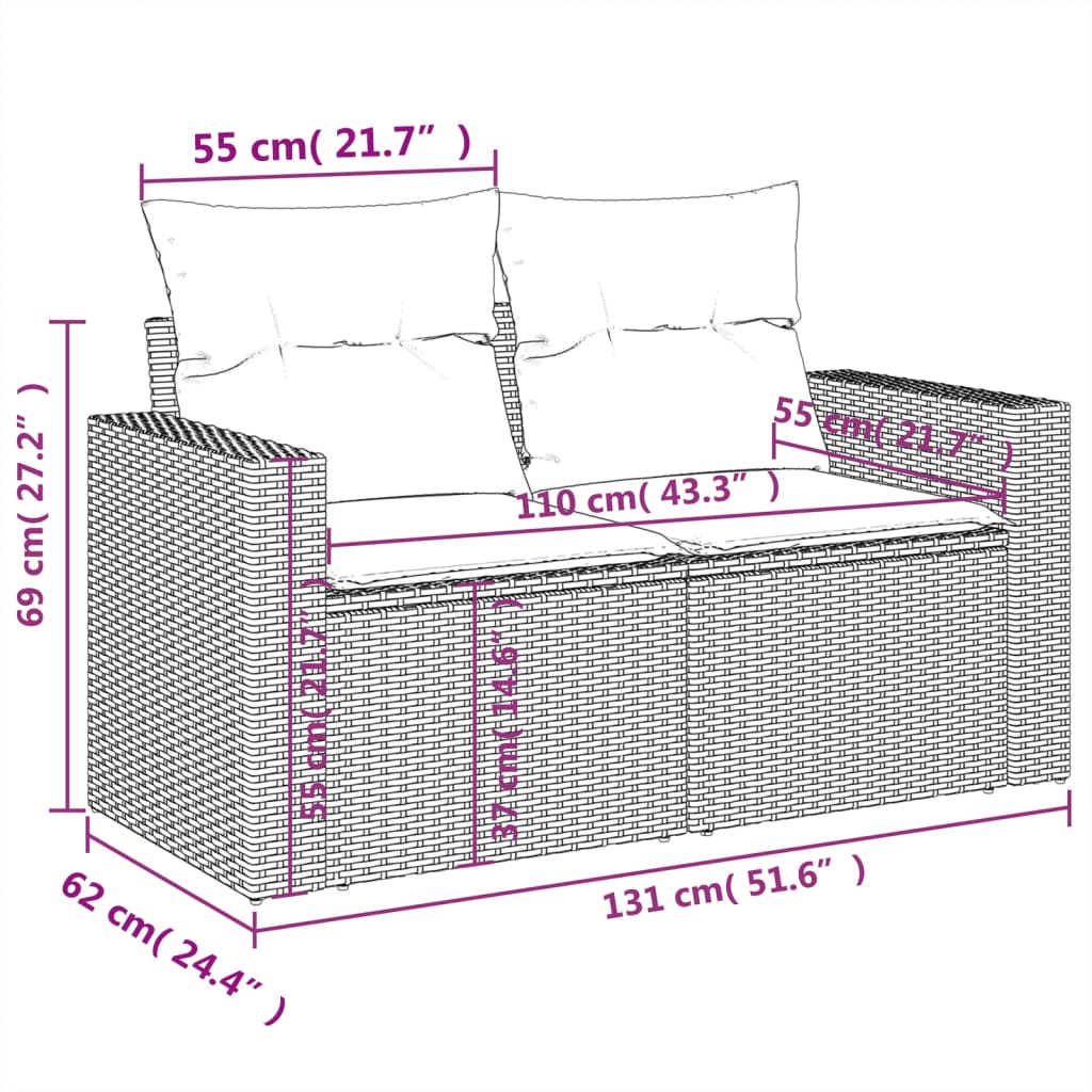 vidaXL 2-personers havesofa med hynder polyrattan sort