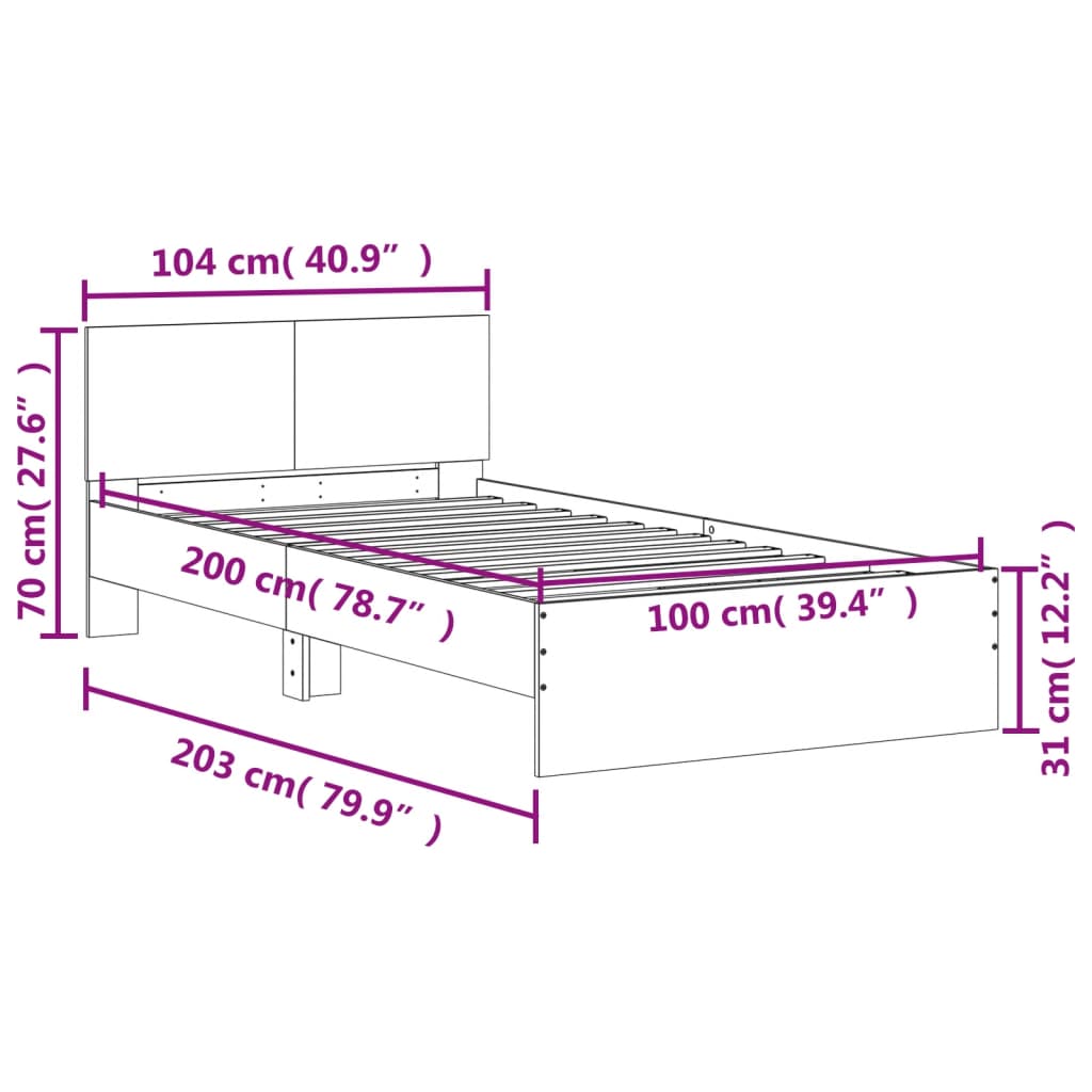 vidaXL sengeramme med sengegavl og LED-lys 100x200 cm grå sonoma-eg