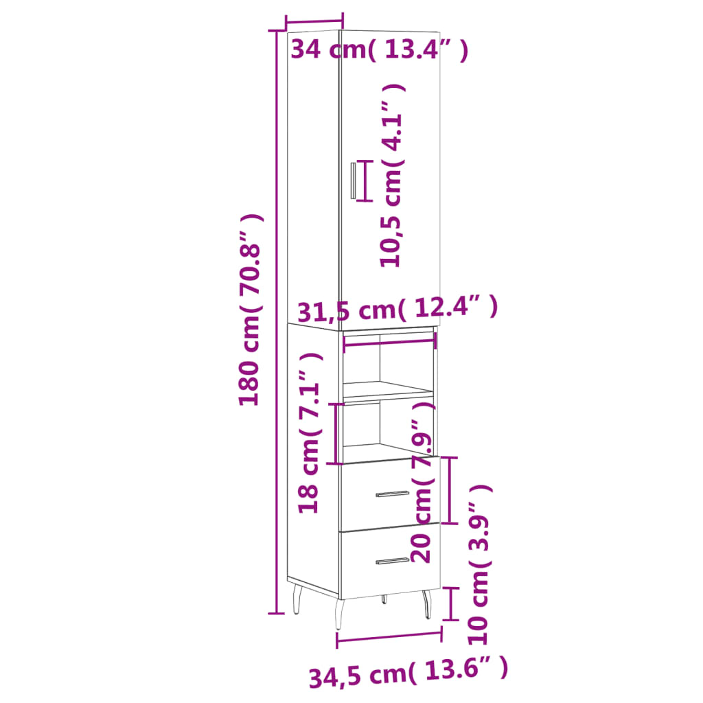 vidaXL skab 34,5x34x180 cm konstrueret træ sonoma-eg