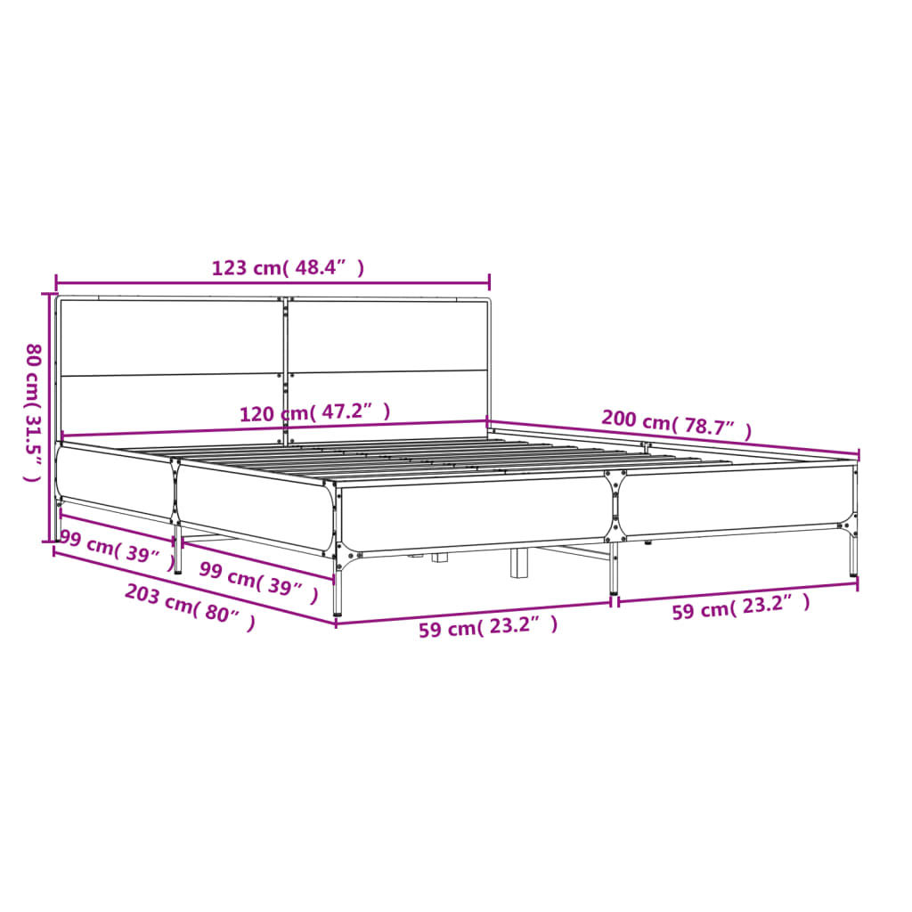 vidaXL sengestel 120x200 cm konstrueret træ og metal brun egetræ