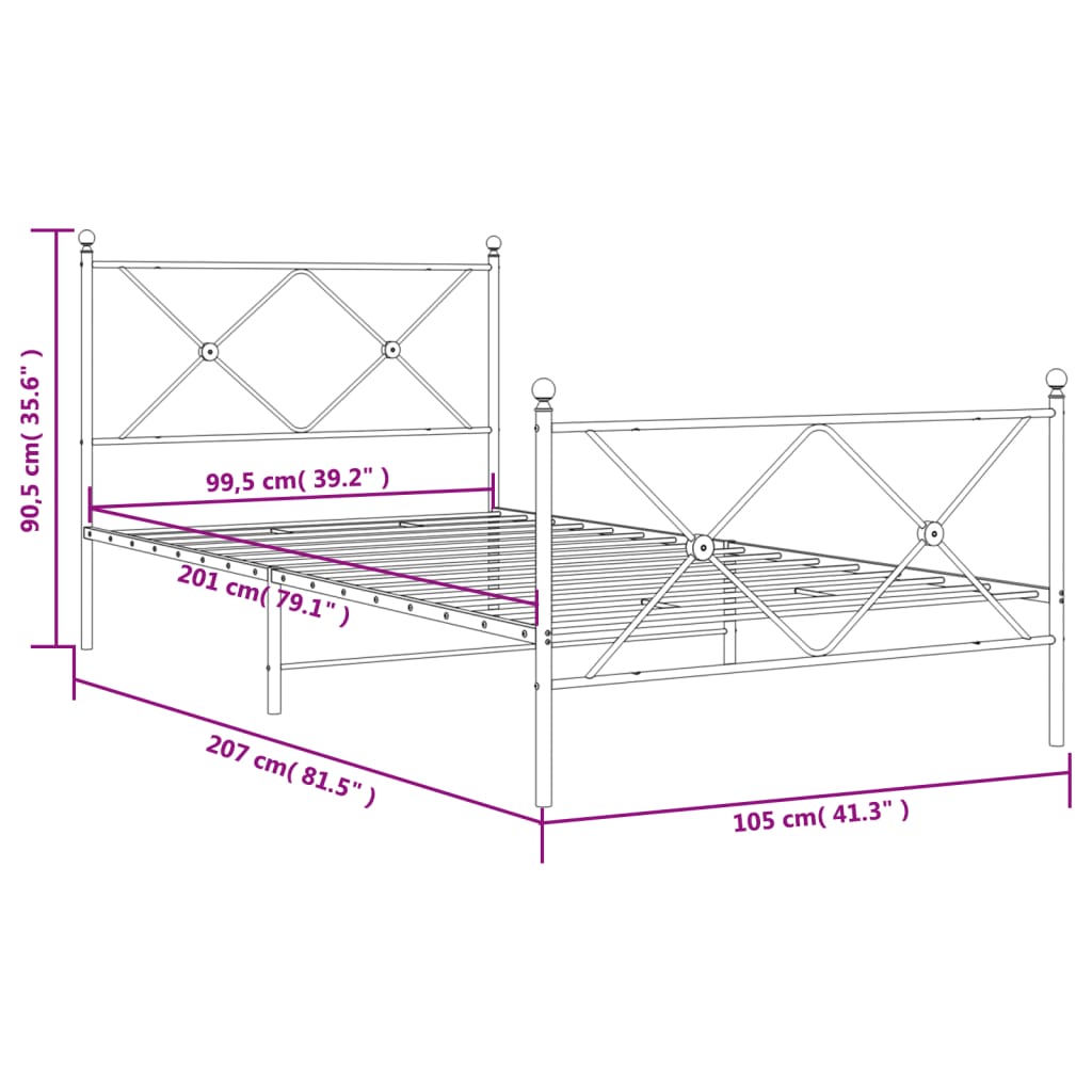 vidaXL sengeramme med sengegavl og fodgærde 100x200 cm metal hvid