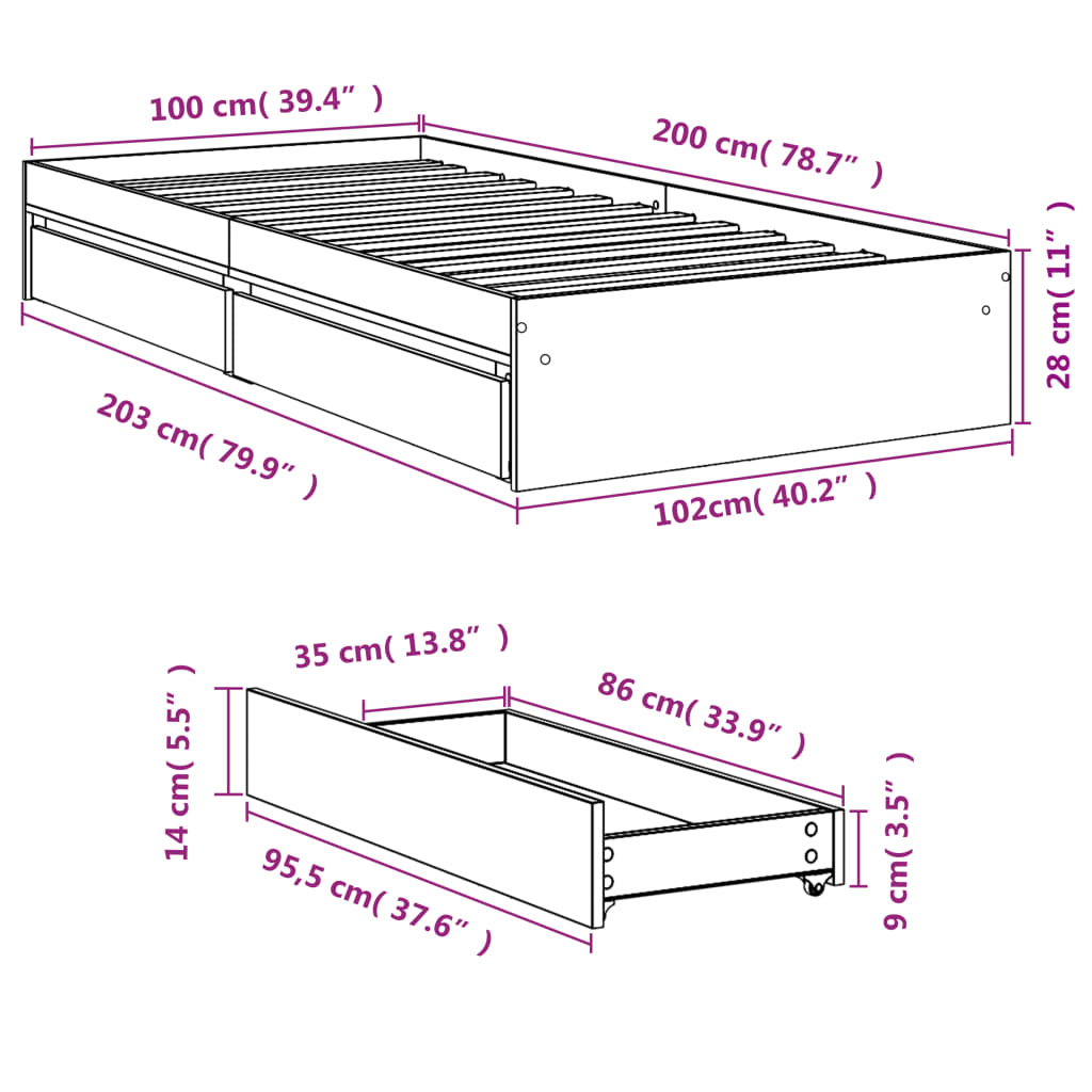 vidaXL sengeramme med skuffer 100x200 cm konstrueret træ grå sonoma-eg