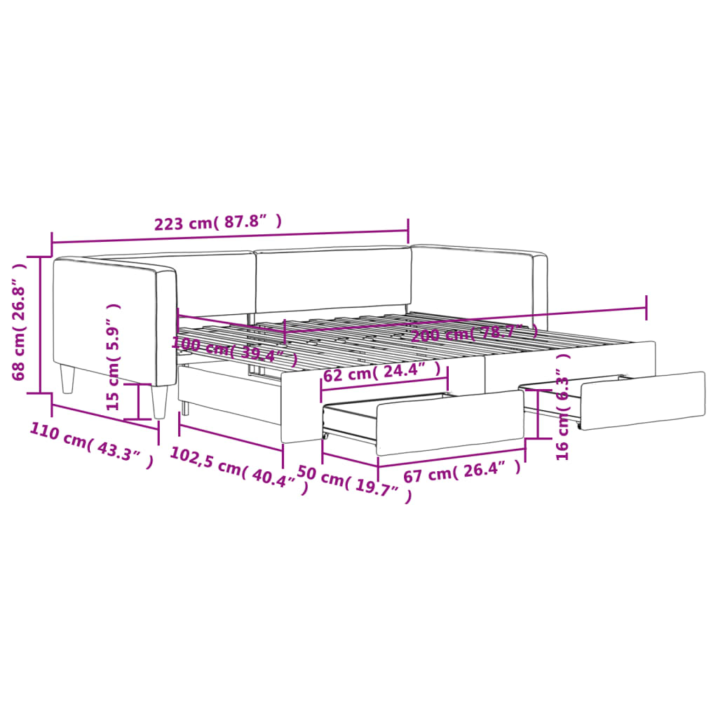 vidaXL daybed med udtræk og skuffer 100x200 cm stof sort