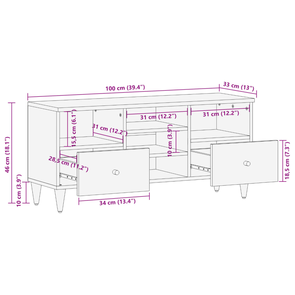 vidaXL tv-bord 100x33x46 cm massivt mangotræ