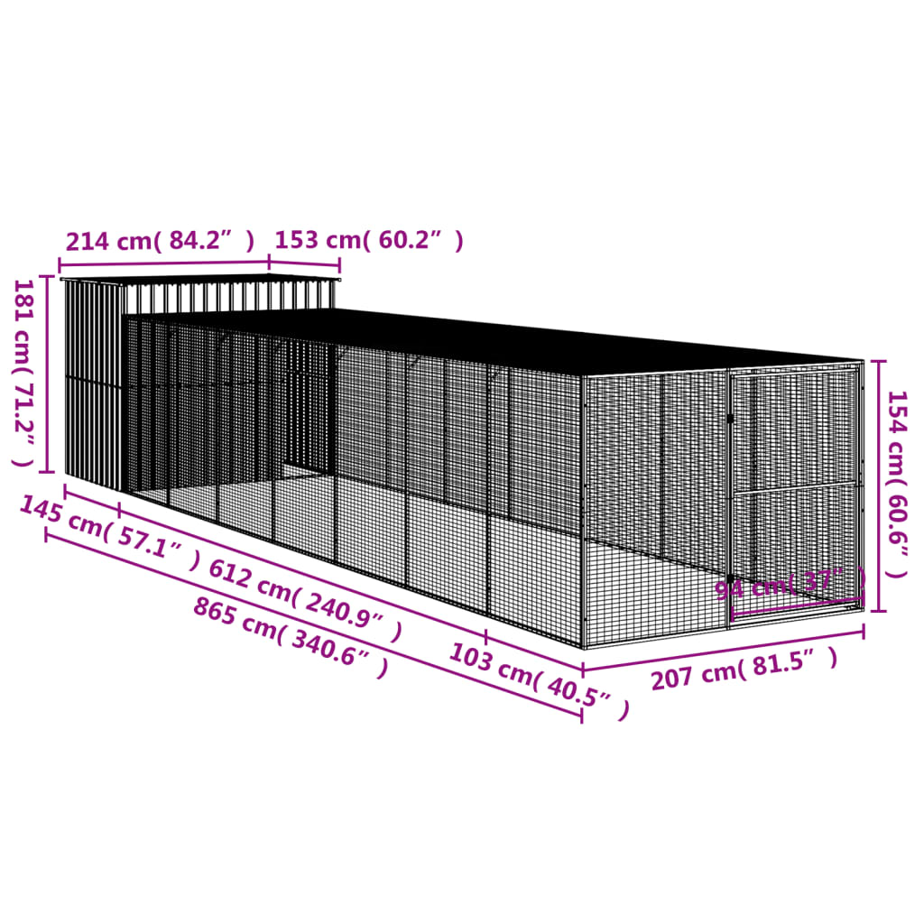 vidaXL hundehus med løbegård 214x865x181 cm galvaniseret stål lysegrå