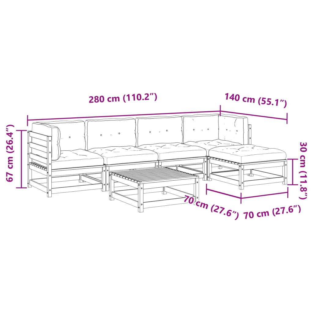 vidaXL sofasæt til haven 6 dele med hynder massivt fyr gyldenbrun