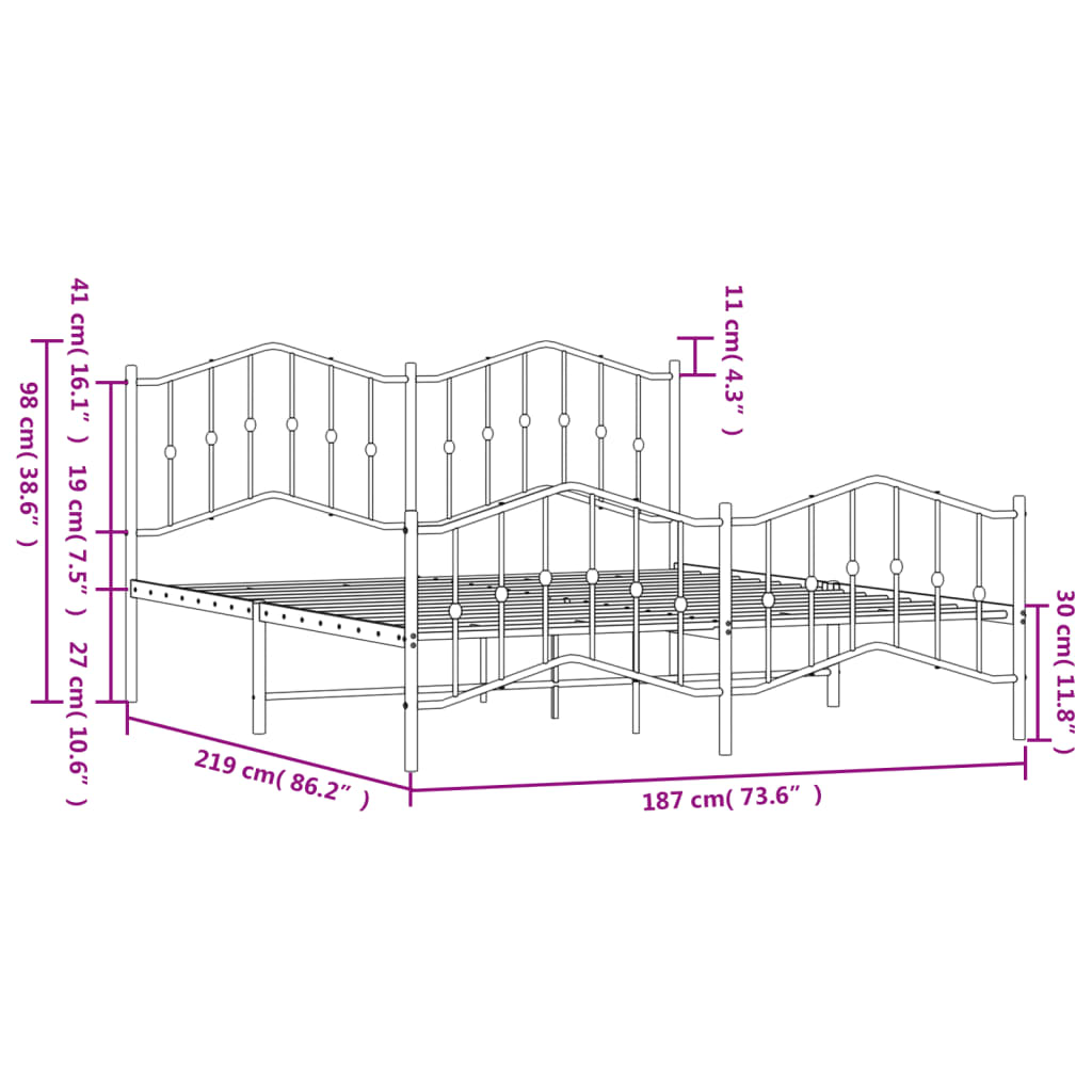 vidaXL sengeramme med sengegavl og fodgærde 183x213 cm metal hvid
