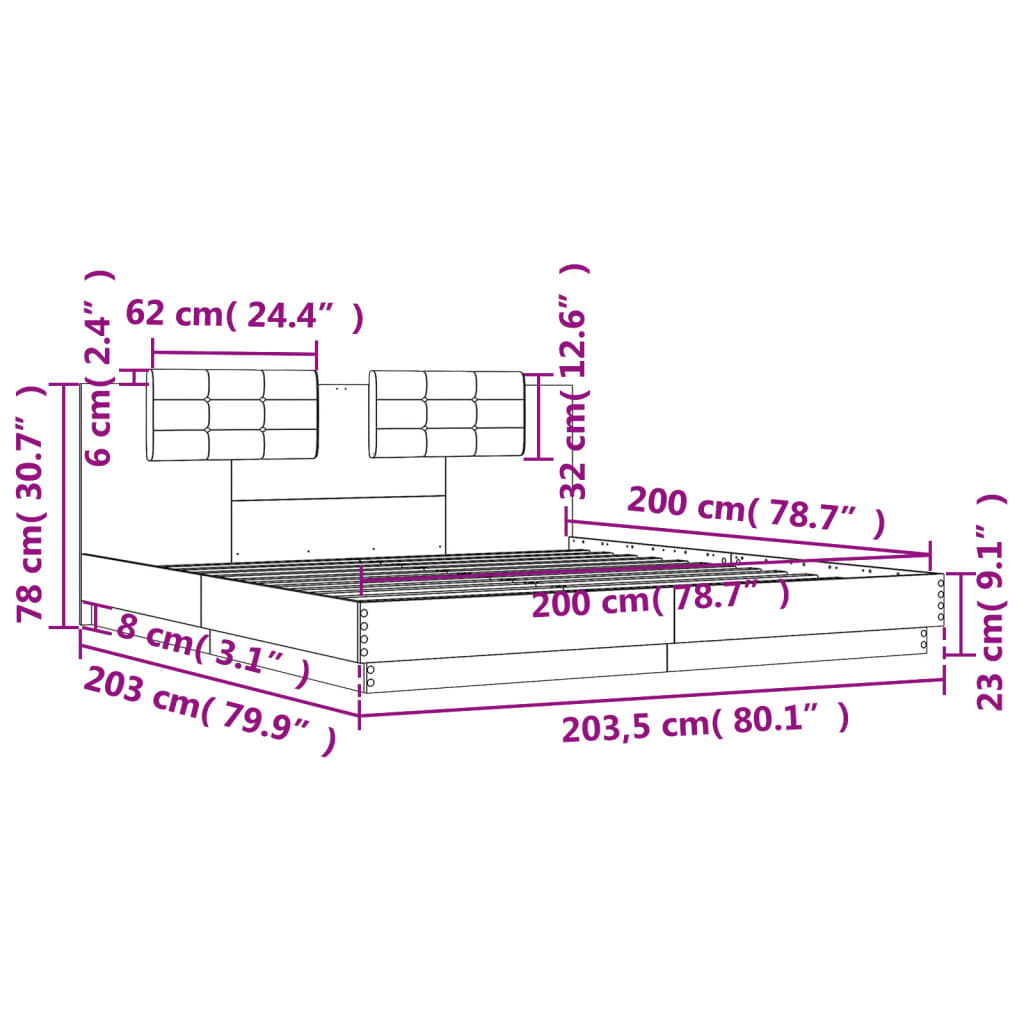 vidaXL sengeramme med sengegavl og LED-lys 200x200 cm hvid