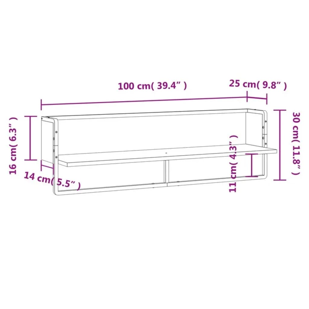 vidaXL væghylde med stang 100x25x30 cm røget egetræsfarve