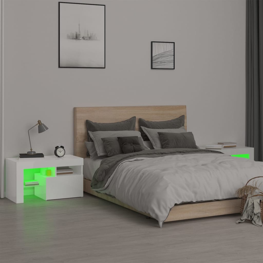vidaXL sengeborde 2 stk. med LED-lys højglans 70x36,5x40 cm hvid